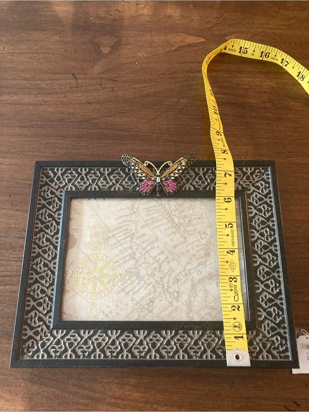 Carved Black Picture Frame with Pink and Gold jeweled Butterfly Accent